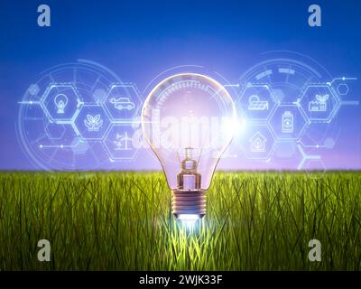 Renewable and  sustainable energy development with 3d rendering idea light bulb with graphic display Stock Photo