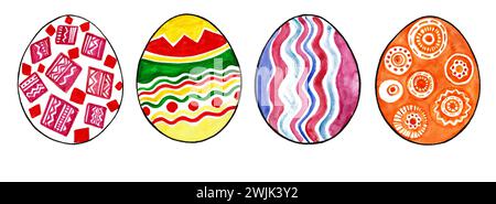 Set of Easter eggs filled with different ornaments in different colors. Isolated on white background. Watercolor drawing, black outline. Geometric orn Stock Photo