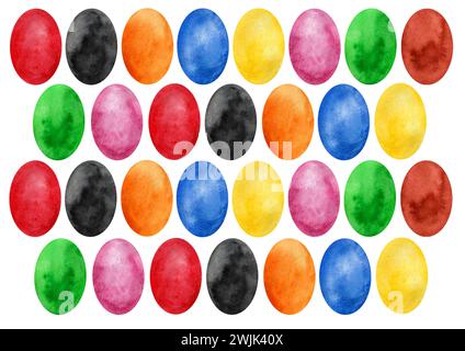 Pattern of multicolored ellipses on white background. Placed vertically. Easter eggs. Watercolor. Watercolor blur texture is visible. Red, orange, yel Stock Photo