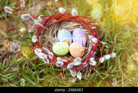 Colorful decorated easter eggs in the small nest of willow branches on green grass background Happy easter concept Stock Photo