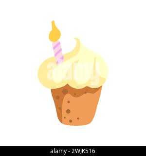 Cartoon cake with cream and candle for first birthday for card, invitation and banner. Flat vector illustration Stock Vector