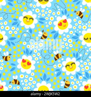 Bees on blossom meadow. Hand drown seamless vector pattern design Stock Vector