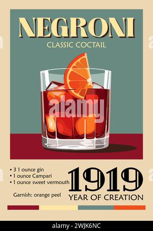 Negroni Coktail retro poster vector wall art. Stock Vector