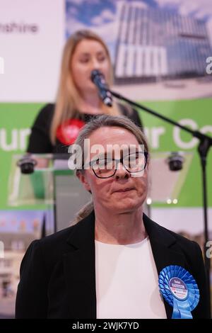 Conservative Party candidate Helen Harrison listens to the Labour Party candidate Gen Kitchen give her speech after she was declared winner in the Wellingborough by-election at the Kettering Leisure Village, Northamptonshire. Picture date: Friday February 16, 2024. Stock Photo