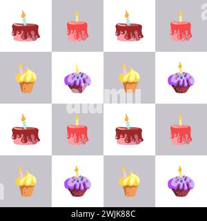 Seamless pattern of with, Happy Birthdays cakes tarts pies muffins, Hand drawn sweet bakery products style on the white background, isolated cartoon desserts, Vector illustration Stock Vector