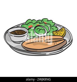 Grilled salmon plate or cooked tuna steak illustration vector hand drawn isolated on white background Stock Vector
