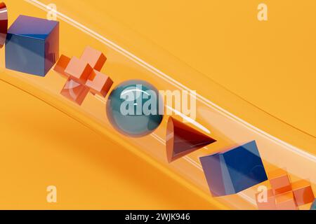 3D illustration of multi-colored volumetric geometric shapes flying through a transparent labyrinth on a  pink background Stock Photo