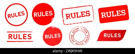 Rules red circle and square rubber stamp rubber label sticker sign information regulation compliance policy Stock Vector