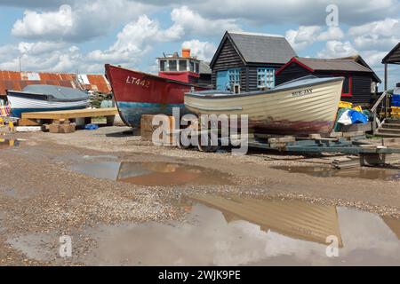 Fishing boats and huts at Southwold harbour, Suffolk, UK. Stock Photo