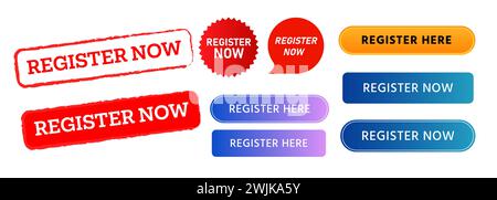 Register now rubber stamp label sticker and button registration here web information access join member Stock Vector