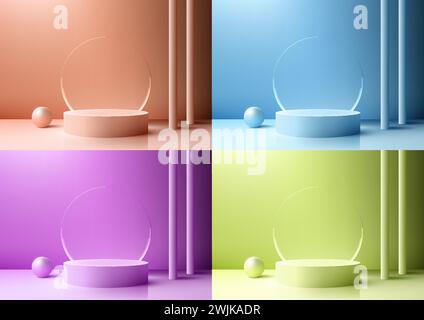 3D realistic vibrant podium set against a transparent glass backdrop, creating a modern interior concept mockup. This stunning design features a pink Stock Vector