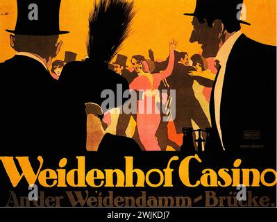 'Weidenhof Casino Ander Weidendamm Brücke' Vintage German Advertising from 1913 featuring silhouettes of well-dressed individuals, possibly attending an event at the Weidenhof Casino. The foreground shows two men in top hats, with a vibrant dance scene in the background. The graphic style is reminiscent of early 20th-century illustration with bold colors and distinct silhouette shapes. Stock Photo