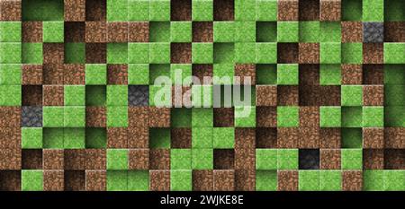 Pixel style 3d abstract cubes. Video game vector geometric mine mosaic pattern. Landscape of craft brown ground, green grass, gray stone block concept Stock Vector