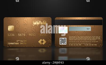 Vector realistic gold credit card with abstract folk geometric background. Golden credit card luxury design template. Bank presentation with hologram Stock Vector