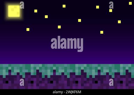 Pixel mine style night land craft background. Concept of game ground pixelated seamless horizontal landscape background with moon, stars night sky Stock Vector