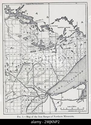 Map of the iron ranges of northern Minnesota from the Article CHARACTERISTIC AMERICAN METAL MINES. THE MINES OF THE MINNESOTA IRON COMPANY. By Horace V. Winche11. from The Engineering Magazine Devoted to Industrial Progress Volume XI October 1897 The Engineering Magazine Co Stock Photo