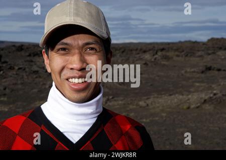 Portrait of Golfer on Lave Field, Reykjanes, Iceland Stock Photo