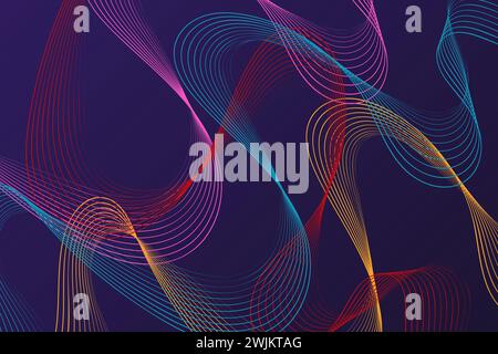 A vibrant purple background is adorned with a variety of colorful lines that intersect and overlap Stock Vector