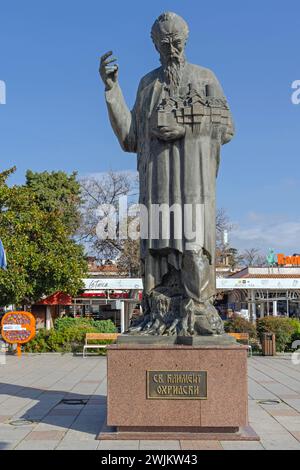Ohrid, North Macedonia - October 23, 2023: Bronze Statue of Saint Clement Monument Historic Landmark in Town Park at Sunny Autumn Day. Stock Photo