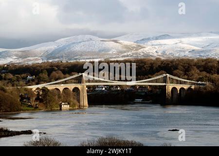 Menai Bridge in Winter, Anglesey, North Wales, United Kingdom. Stock Photo