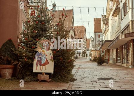 Winter Festivities in Bitigheim-Bissingen: Charming Half-Timbered Houses Adorned with Christmas Decorations. New Year's atmosphere of Bitigheim Stock Photo