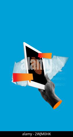 Hand with digital fingerprint authentication on tablet over binary background. Biometric authentication system advertisement for secure logins. Stock Photo