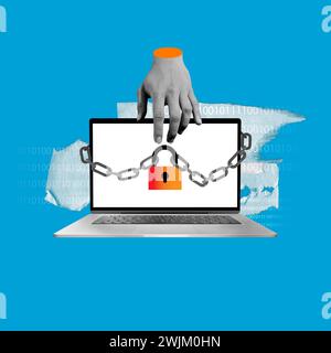 Human hand locking laptop screen with chain and padlock over binary code. Cybersecurity service ad. Securing data symbolizing protection against Stock Photo