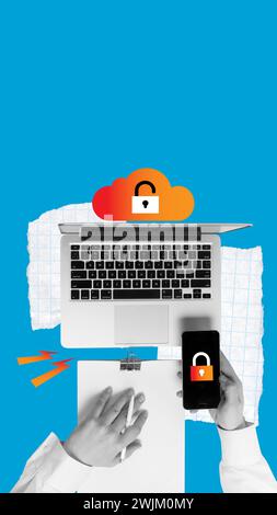 Cloud with padlock on laptop screen and mobile, symbolizing secure cloud services. Online privacy protection tools with cross-platform capabilities. Stock Photo