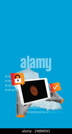 Hand with padlock and digital fingerprint authentication on tablet over binary background. Personal identity verification solutions for personal data Stock Photo