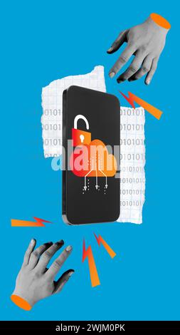 Mobile phone displaying cloud with lock, indicating secure cloud services. Technology conference poster on the future of cloud security. Stock Photo
