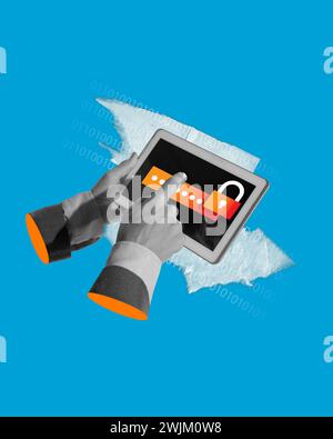 Hand touching tablet screen with digital padlock, depicting password input. Digital identity verification service for secure online interactions. Stock Photo