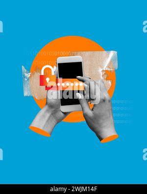 Two hands holding smartphone with digital padlock on screen. Mobile security app promotion highlighting touchscreen passcode entry. Stock Photo