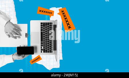 Hands securing digital devices with visual password symbols on a blue background. Password strength checker tool for enhancing account security. Stock Photo