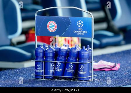 Rome, Italy. 14th Feb, 2024. Bottle of waters during the UEFA Champions League Round of 16 match between SS Lazio v FC Bayern Munich at Stadio Olimpico Roma on February 14, 2024 in Rome, Italy. Credit: Giuseppe Maffia/Alamy Live News Stock Photo