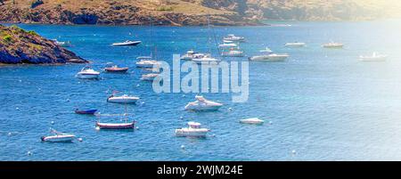 The Bay and boats in the port of Cadaques, Costa Brava, province Girona, Catalonia, Spain. Stock Photo