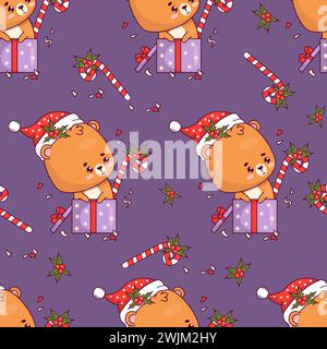 Seamless pattern with Christmas little bear cub wearing Santa hat in gift box with striped caramel stick on purple background. Funny Xmas kawaii anima Stock Vector