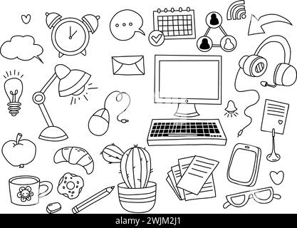 Business, work in office and home, technology and communication. Collection of linear hand doodles. Isolated vector outline drawings on white backgrou Stock Vector