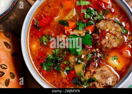 Romanian meatballs sour soup Ciorba de perisoare.top veiw.style hugge.selective focus Stock Photo