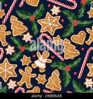 Winter seamless patterns with gingerbread cookies Stock Vector