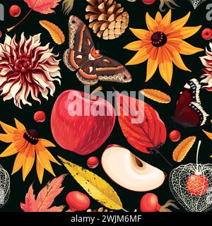 Autumn pattern with leaves and flowers Stock Vector