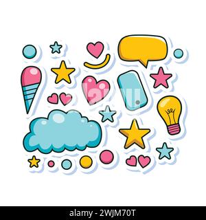 Colorful trendy shapes sticker design vector illustration. Set of modern badge icon with the 90s retro and pop style. Cloud, star, ice-cream, heart Stock Vector