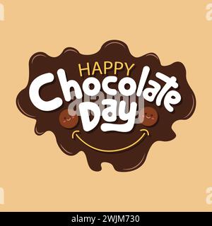 Happy chocolate day lettering vector illustration with smile sign and brown color chocolate splash. Chocolate day typography logo for banner, poster Stock Vector