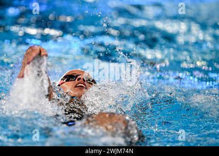 Doha, Qatar. 16th Feb, 2024. Alexia Sotomayor of Peru competes in the swimming 200m Backstroke Women Heats during the 21st World Aquatics Championships at the Aspire Dome in Doha (Qatar), February 16, 2024. Credit: Insidefoto di andrea staccioli/Alamy Live News Stock Photo