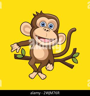 Adorable cartoon monkey sitting on a tree vector flat style illustration. Wildlife animal character clipart for children book illustration, t-shirt de Stock Vector