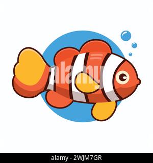Clown fish flat style vector icon illustration. Isolated Reef fish with yellow, orange, and white color. Sea animal cartoon character sticker design. Stock Vector
