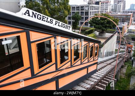 Los Angeles, California, USA - January 14, 2024:  View of historic Angels flight and Hill Street in downtown L.A. Stock Photo