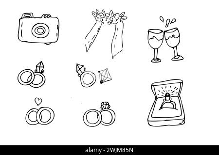 Hand drawn wedding outline doodle icons set of jewerly and bridal. Vector illustration of wedding ceremony items in hand drawn doodle sketch style, for greeting card, invitation, save and date card.  Stock Vector