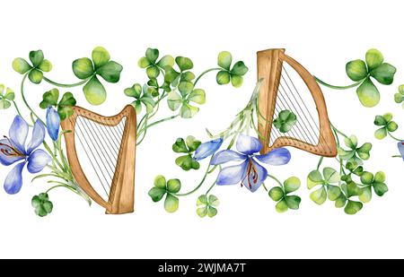 Seamless border with harp and shamrock watercolor illustration isolated ...