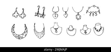 Hand drawn jewerly set of diamond pendants and other jewel supplies. Vector illustration isolated. Can used for greeting card, beauty banner, posters, clothes print.  Stock Vector