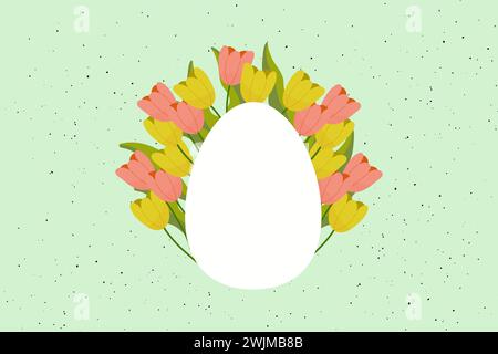 mockup easter egg with copy space , tulips on background, green light background with black dots vector Stock Vector